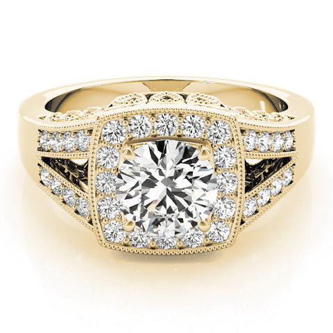 Yellow gold Round Halo Split Shank Diamond Ring with Milgrain Prong Setting