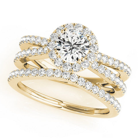 Yellow gold Round Halo Split Shank Diamond Ring with Pavé Setting