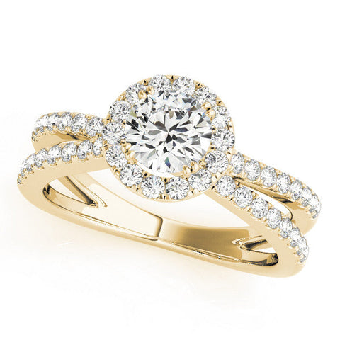 Yellow gold Round Halo Split Shank Diamond Ring with Pavé Setting