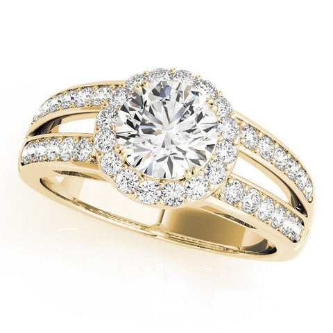Yellow gold Round Halo Split Shank Diamond Ring with Pave Setting