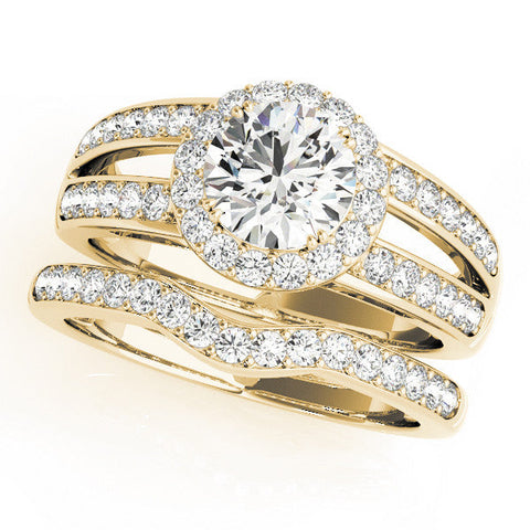 Yellow gold Round Halo Split Shank Diamond Ring with Pave Setting