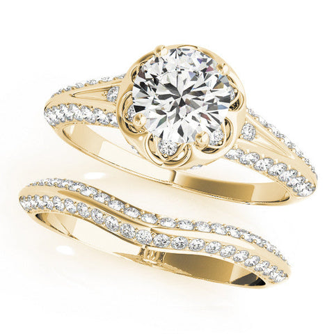 Yellow gold Round Halo Split Shank Pave Diamond Ring with Petal Prong Setting