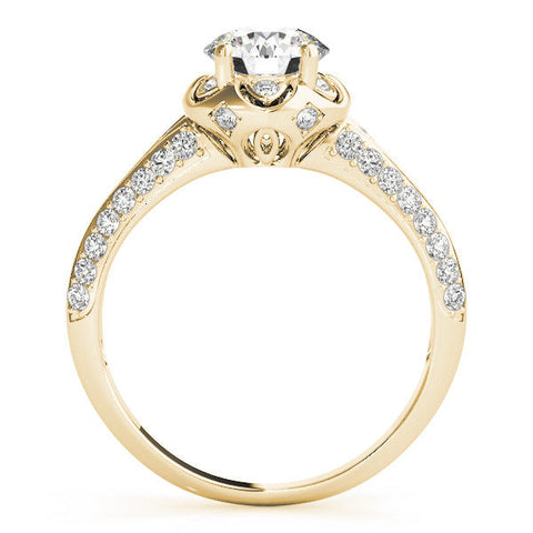 Yellow gold Round Halo Split Shank Pave Diamond Ring with Petal Prong Setting