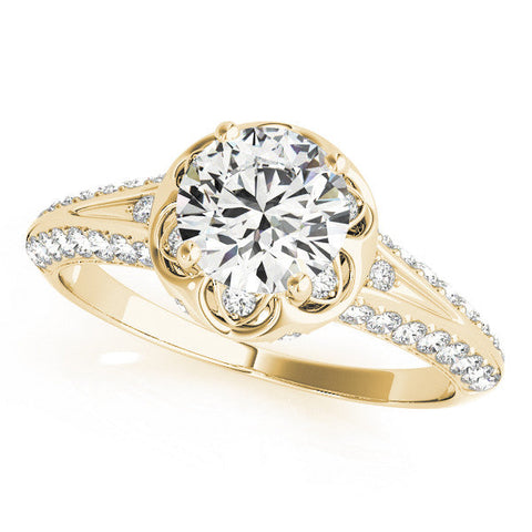 Yellow gold Round Halo Split Shank Pave Diamond Ring with Petal Prong Setting