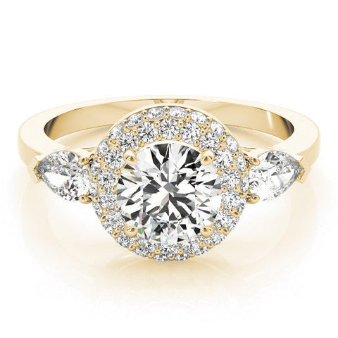 Yellow gold Round Halo Three-Stone Diamond Ring with Pear Side Stones and Four-Prong Setting