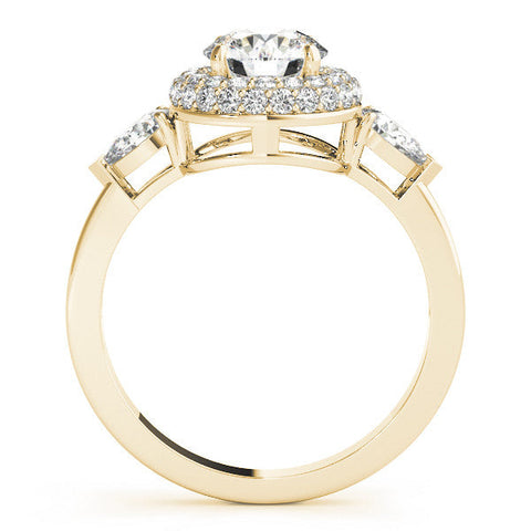 Yellow gold Round Halo Three-Stone Diamond Ring with Pear Side Stones and Four-Prong Setting