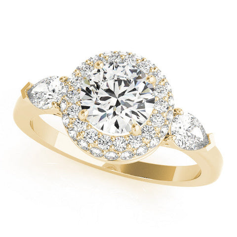 Yellow gold Round Halo Three-Stone Diamond Ring with Pear Side Stones and Four-Prong Setting