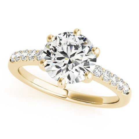Yellow gold Round Solitaire Diamond Engagement Ring with Pavé Band and Six-Prong Setting
