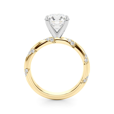 Yellow gold Round Solitaire Diamond Engagement Ring with Twisted Pave Band and Four-Prong Setting
