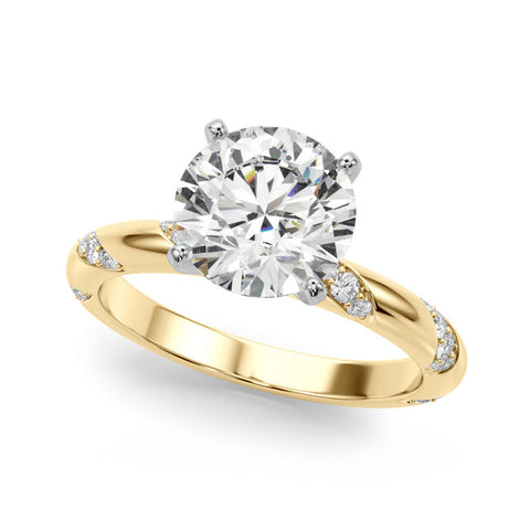 Yellow gold Round Solitaire Diamond Engagement Ring with Twisted Pave Band and Four-Prong Setting