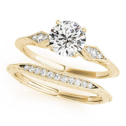 Yellow gold Round Solitaire Diamond Ring with Milgrain Band and Four-Prong Setting