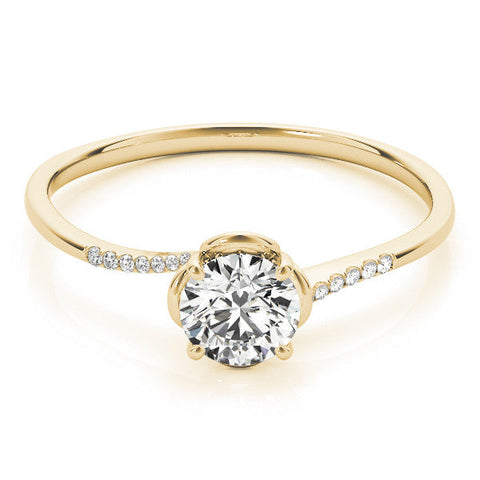 Yellow gold Round Solitaire Diamond Ring with Pave Band and Four-Prong Setting