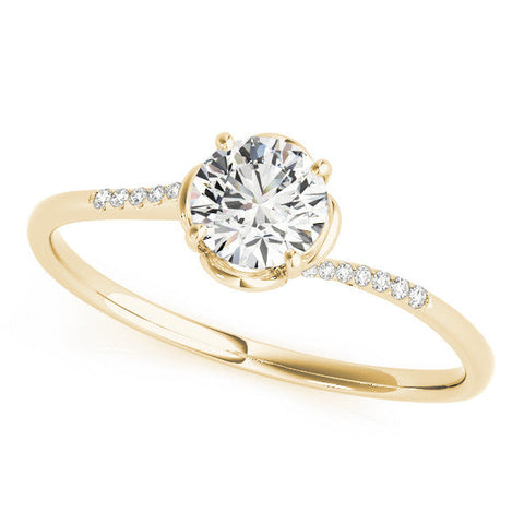 Yellow gold Round Solitaire Diamond Ring with Pave Band and Four-Prong Setting