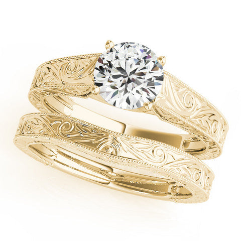 Yellow gold Round Solitaire Diamond with Engraved Band and Four-Prong Setting