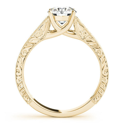 Yellow gold Round Solitaire Diamond with Engraved Band and Four-Prong Setting