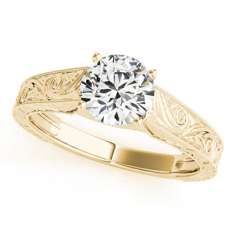 Yellow gold Round Solitaire Diamond with Engraved Band and Four-Prong Setting