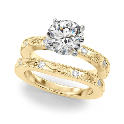 Yellow gold Round Solitaire Milgrain Engagement Ring with Filigree Band and Four-Prong Setting