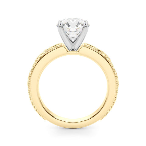 Yellow gold Round Solitaire Milgrain Engagement Ring with Filigree Band and Four-Prong Setting