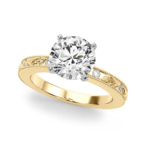 Yellow gold Round Solitaire Milgrain Engagement Ring with Filigree Band and Four-Prong Setting