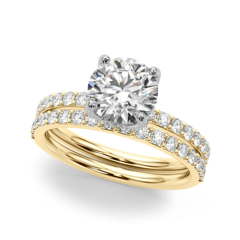 Yellow gold Round Solitaire Pavé Diamond Engagement Ring with Four-Prong Setting