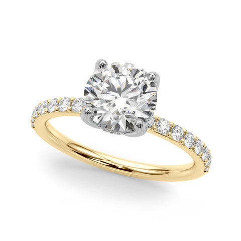 Yellow gold Round Solitaire Pavé Diamond Engagement Ring with Four-Prong Setting