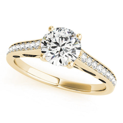 Yellow gold Round Solitaire Prong Set Diamond Engagement Ring with Pave Band