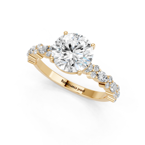 Yellow gold Round Solitaire with Side Stones, Pave Band, Four-Prong Setting