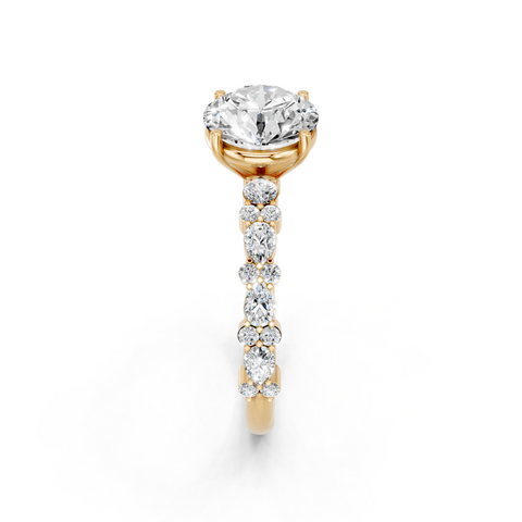 Yellow gold Round Solitaire with Side Stones, Pave Band, Four-Prong Setting