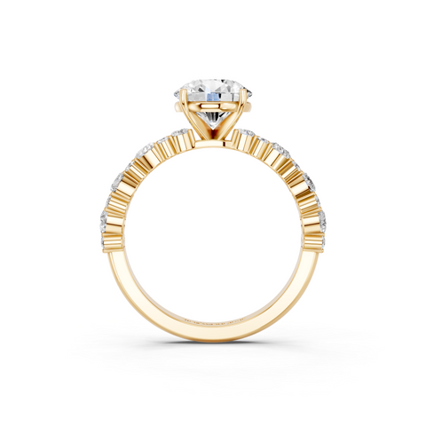 Yellow gold Round Solitaire with Side Stones, Pave Band, Four-Prong Setting
