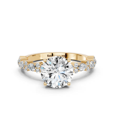 Yellow gold Round Solitaire with Side Stones, Pave Band, Four-Prong Setting