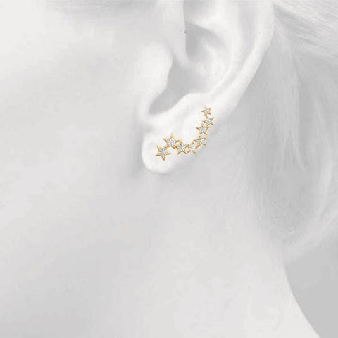 Yellow gold Star Cluster Diamond Crescent Earrings with Round Cut Stones on a Curved Band and Prong Setting