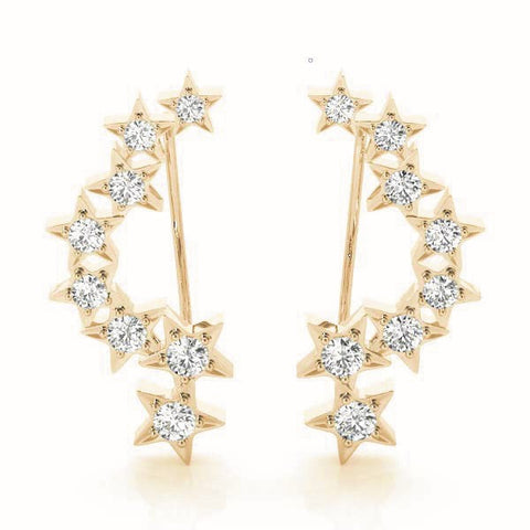 Yellow gold Star Cluster Diamond Crescent Earrings with Round Cut Stones on a Curved Band and Prong Setting