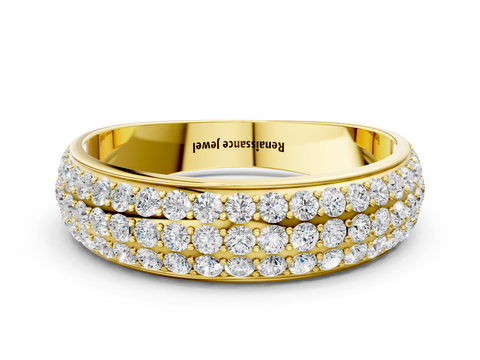 Yellow gold Three-Row Round Diamond Pave Eternity Band with Shared Prong Setting