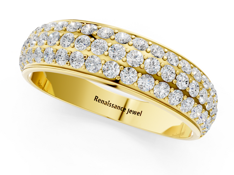 Yellow gold Three-Row Round Diamond Pave Eternity Band with Shared Prong Setting