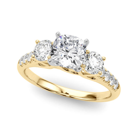 Yellow gold Three-Stone Fancy Pink Cushion  Cut Diamond Pavé Band with Four-Prong Setting