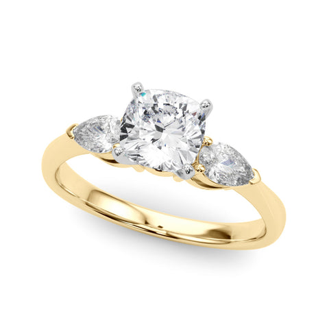 Yellow gold Three-Stone Cushion Diamond Ring with Pear Side Stones in Four-Prong Setting