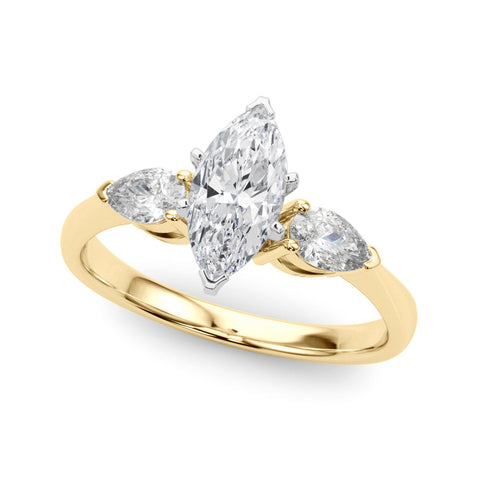 Yellow gold Three-Stone Marquise Diamond Ring with Pear Side Stones in Four-Prong Setting