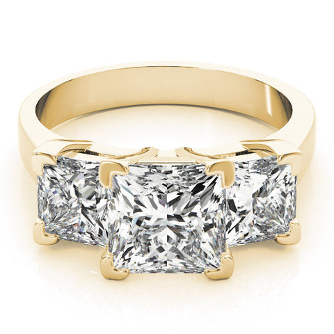 Yellow gold Three-Stone Princess Cut Diamond Ring with Channel Set Band and Four-Prong Setting