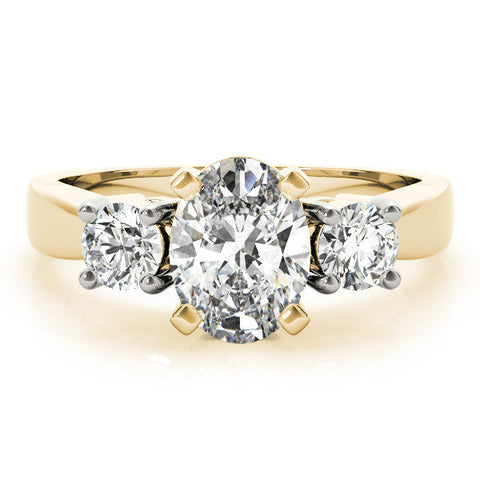 Yellow gold Three-Stone Oval Diamond Ring with Round Side Stones, Classic Band, and Four-Prong Setting