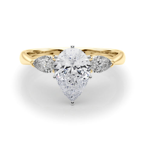 Yellow gold Three-Stone Pear Diamond Ring with Pear Side Stones in Four-Prong Setting