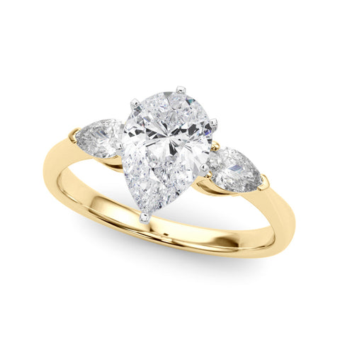 Yellow gold Three-Stone Pear Diamond Ring with Pear Side Stones in Four-Prong Setting