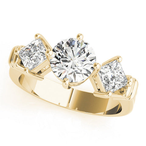 Yellow gold Three-Stone Round and Princess Cut Diamond Ring with Channel Band and Four-Prong Setting