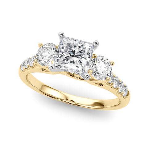 Yellow gold Three-Stone Fancy Blue Princess  Cut Diamond Pavé Band with Four-Prong Setting