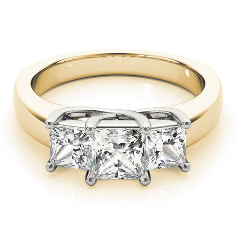 Yellow gold Three-Stone Princess Cut Diamond Ring with Cathedral Band and Four-Prong Setting