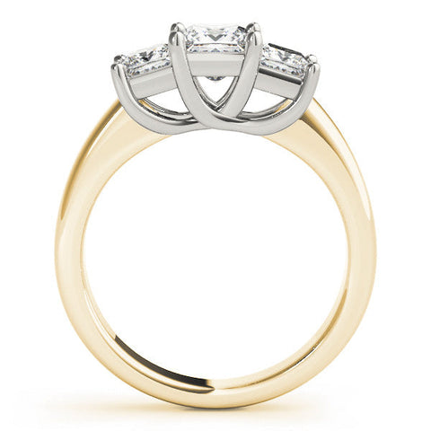 Yellow gold Three-Stone Princess Cut Diamond Ring with Cathedral Band and Four-Prong Setting