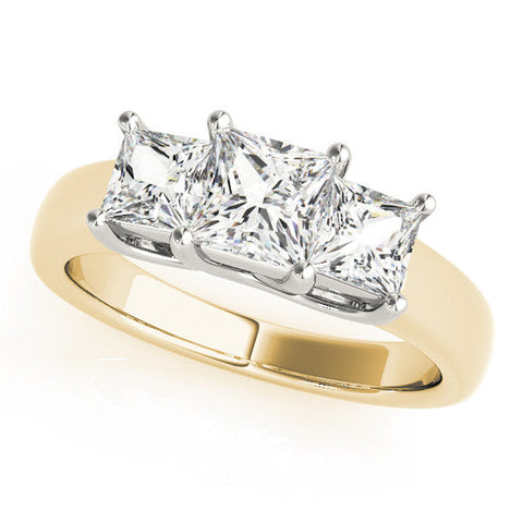 Yellow gold Three-Stone Princess Cut Diamond Ring with Cathedral Band and Four-Prong Setting