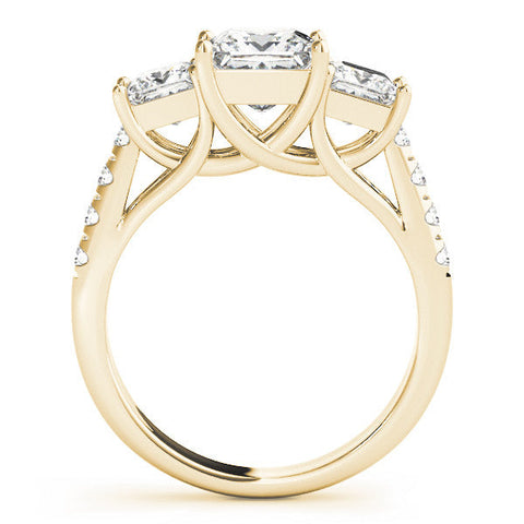 Yellow gold Three-Stone Princess Cut Diamond Ring with Pavé Band and Prong Setting