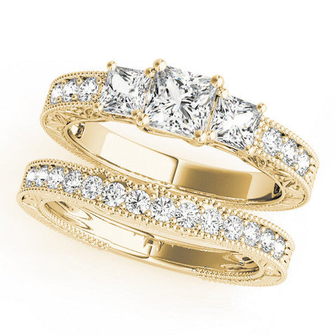 Yellow gold Three-Stone Princess Cut Milgrain Pavé Engagement Ring