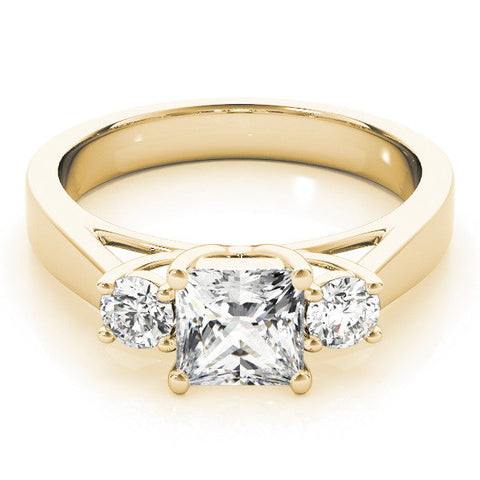 Yellow gold Three-Stone Princess Cut Solitaire Ring with Round Side Stones and Four-Prong Setting