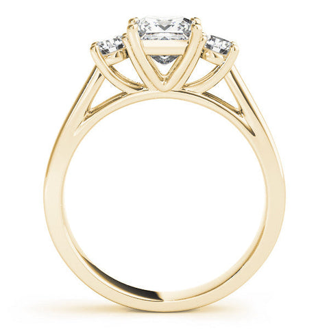 Yellow gold Three-Stone Princess Cut Solitaire Ring with Round Side Stones and Four-Prong Setting